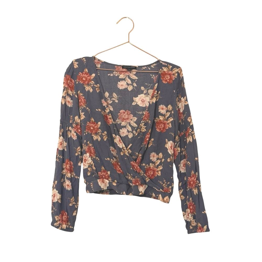American Eagle Outfitters Navy Floral Wrap Crop Top